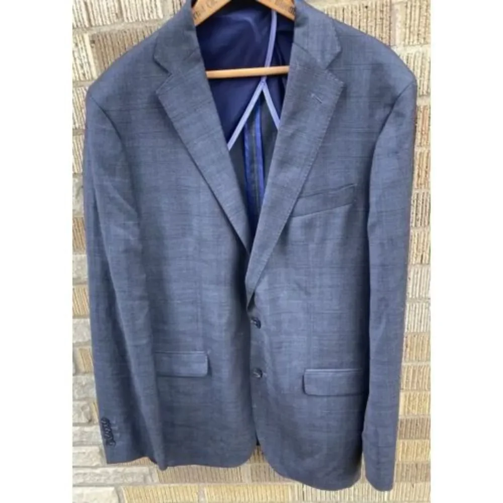 Mens Cole Haan 42L Blue/Gray Plaid Suit Jacket Wool Spandex Blazer 2 Button READ